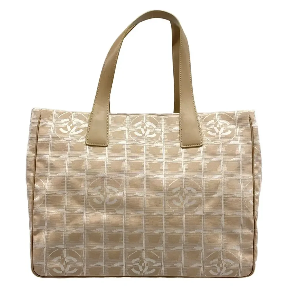 Chanel New Travel Line Tote MM Tote Bag Beige White Nylon Jacquard Leather